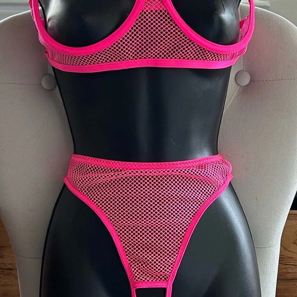 Hot Pink  mesh banded, open bra, and panty set NWOT.